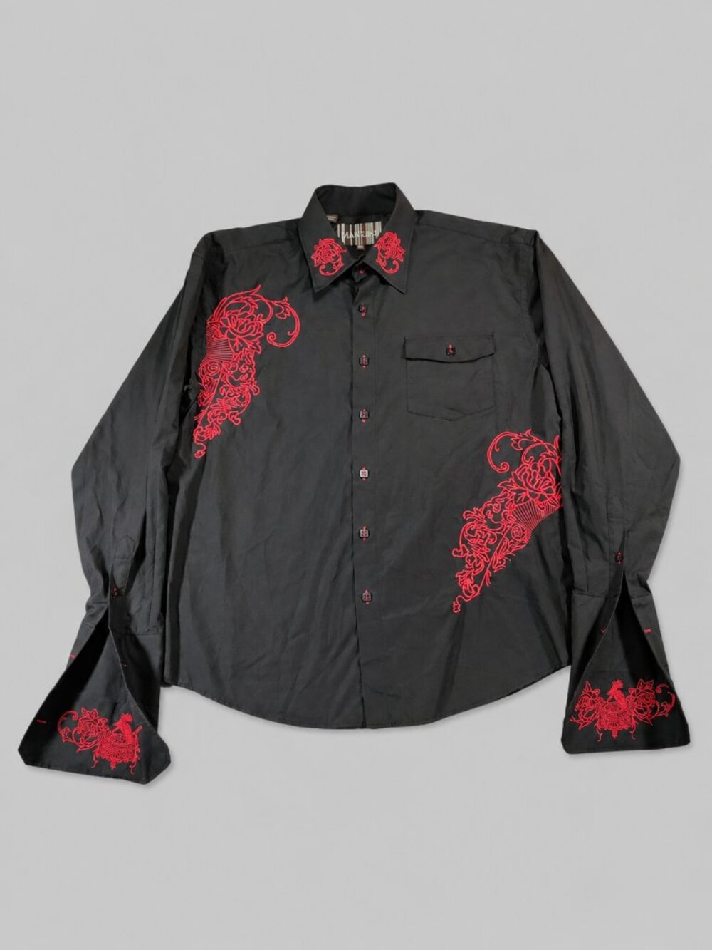 Manzini Mens 2XL Black Red Embroidered Bird Crest Button Up Shirt Y2K